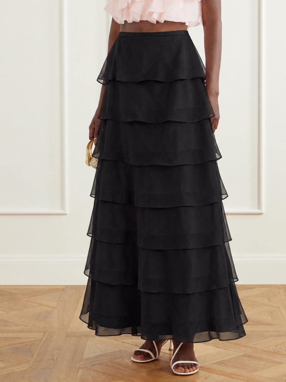 Vintage Tadashi Shoji 100% Silk Tiered Ruffle Maxi Skirt Black US 14